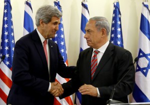 U.S. Secretary of State Kerry shakes hands with Israeli Prime Minister Netanyahu during a news conference following a meeting at Netanyahu's office in Jerusalem