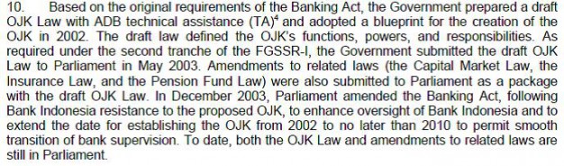 poin 10 pemerintah dan ADB buat draft UU OJK